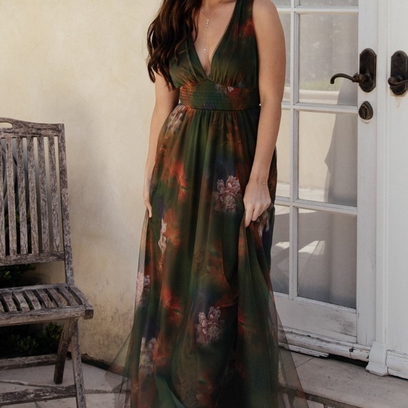 Baltic Born Kamila Tulle Maxi Dress | Olive Multi Floral Size XSXS - Picture 2 of 5